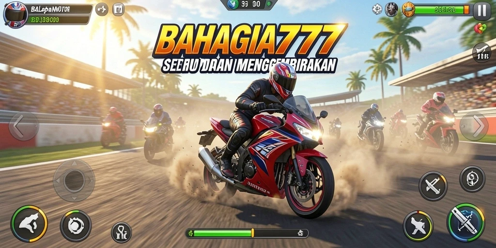 Screenshot gameplay BAHAGIA777 menampilkan adrenalin balapan motor yang seru.