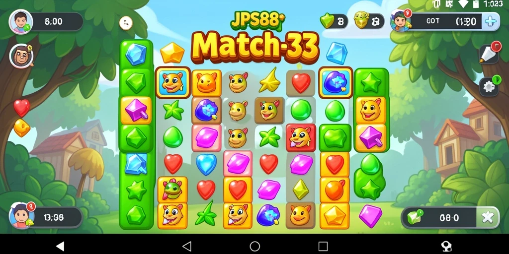 Gameplay Match-3 yang menarik dengan kombinasi permata yang berwarna-warni.