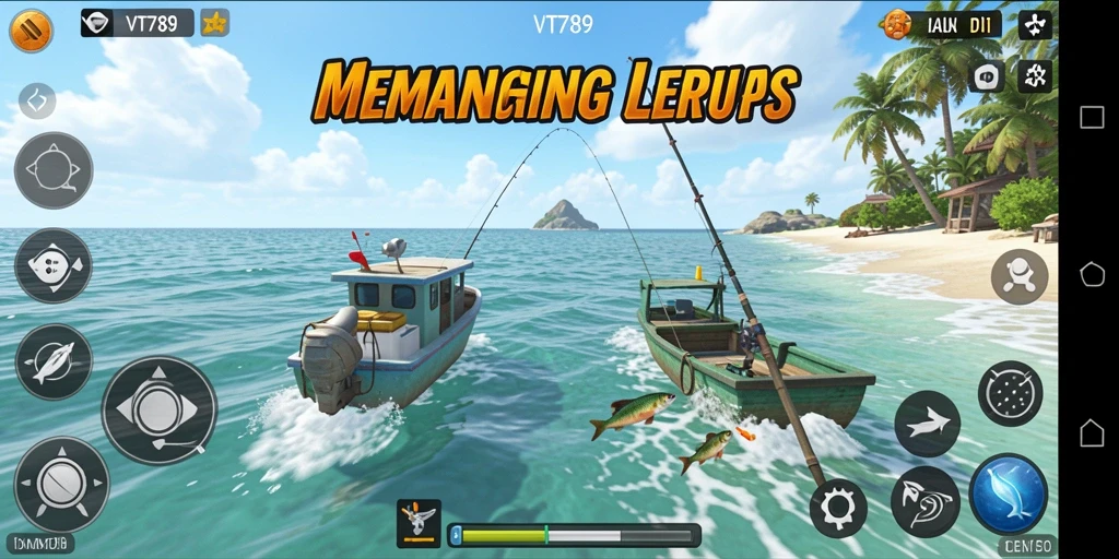 Screenshot utama VT789 menampilkan momen menangkap ikan besar.