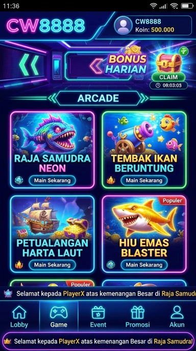 Tampilan utama aplikasi cw8888 dengan berbagai kategori.
